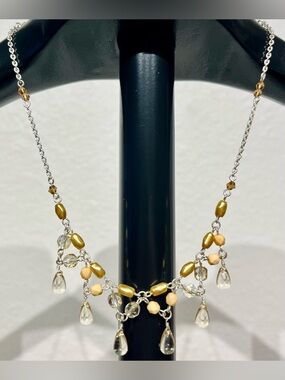 Vintage Gold and Clear Beaded Drop Necklace